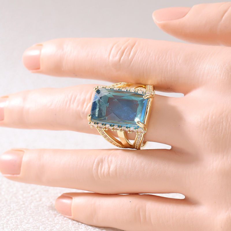 Hollowed-Out Double-Layer Wide Face Ring, Sea Blue Zirconia